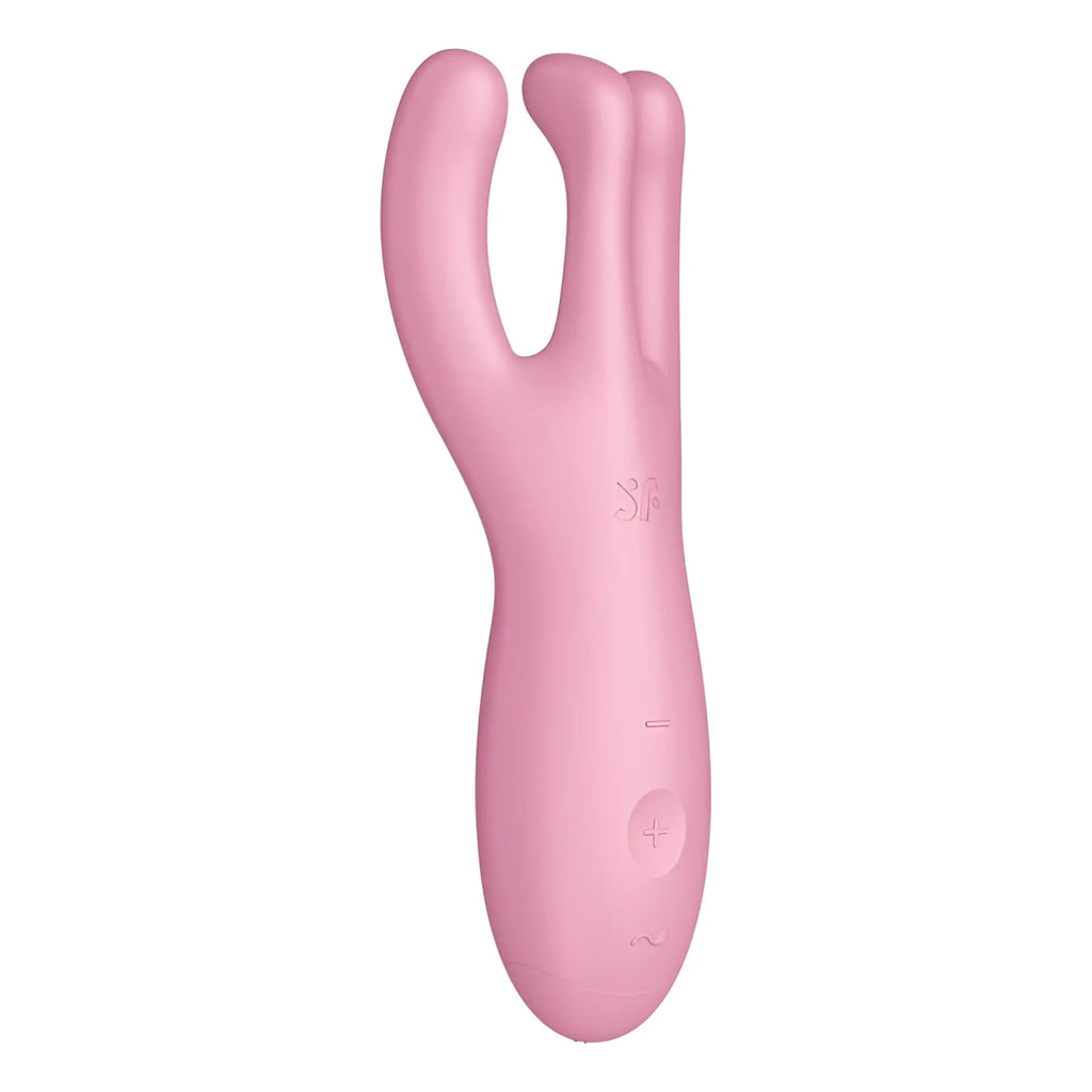 Pink silicone dual-headed vibrator with smooth ergonomic design and subtle control buttons by satisfyer