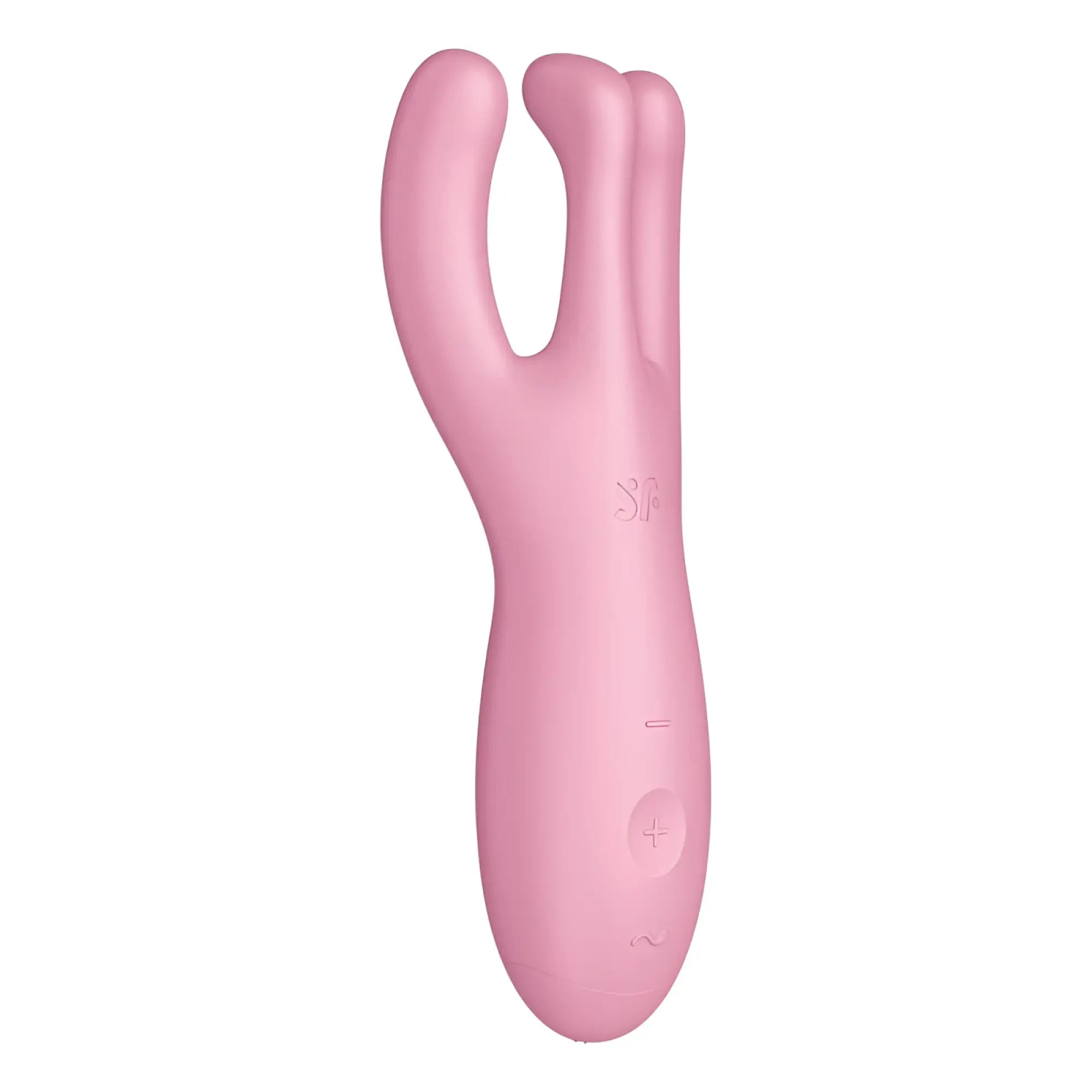 Pink silicone dual-headed vibrator with smooth ergonomic design and subtle control buttons by satisfyer