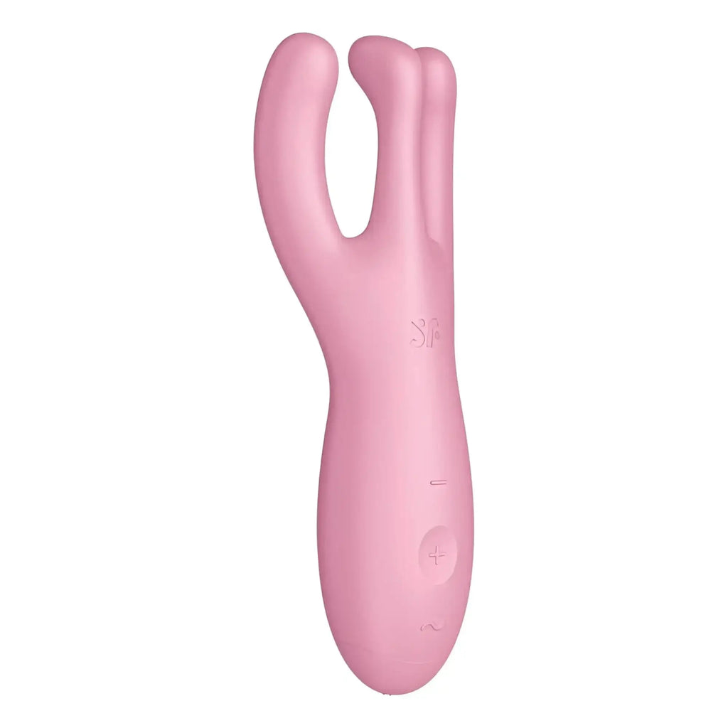 Pink silicone dual-headed vibrator with smooth ergonomic design and subtle control buttons by satisfyer