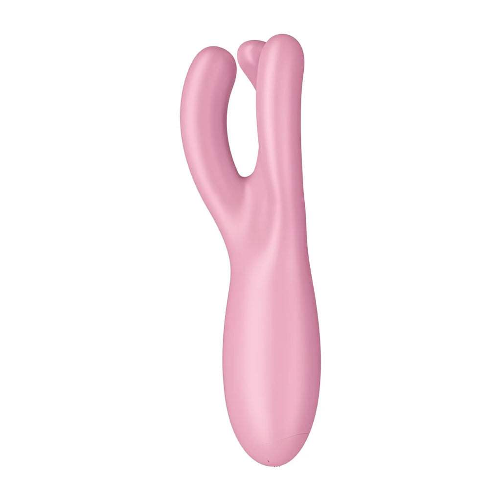 Pink silicone dual-headed vibrator with smooth rounded contours sleek ergonomic design from satisfyer threesome 4 connect app