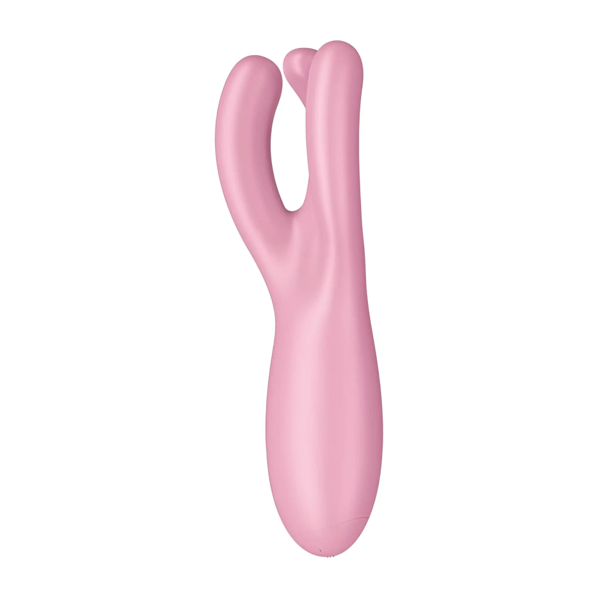 Pink silicone dual-headed vibrator with smooth rounded contours sleek ergonomic design from satisfyer threesome 4 connect app