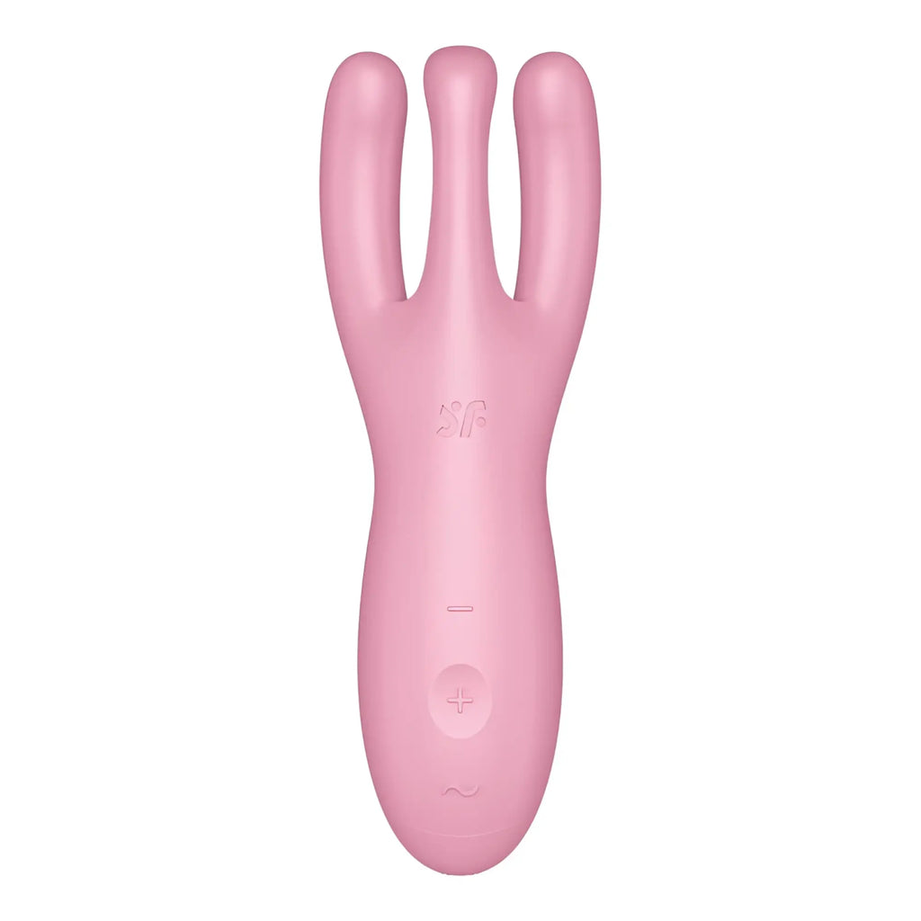 Pink silicone Satisfyer Threesome 4 Connect app vibrator with three curved prongs and control buttons