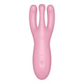 Pink silicone Satisfyer Threesome 4 Connect app vibrator with three curved prongs and control buttons