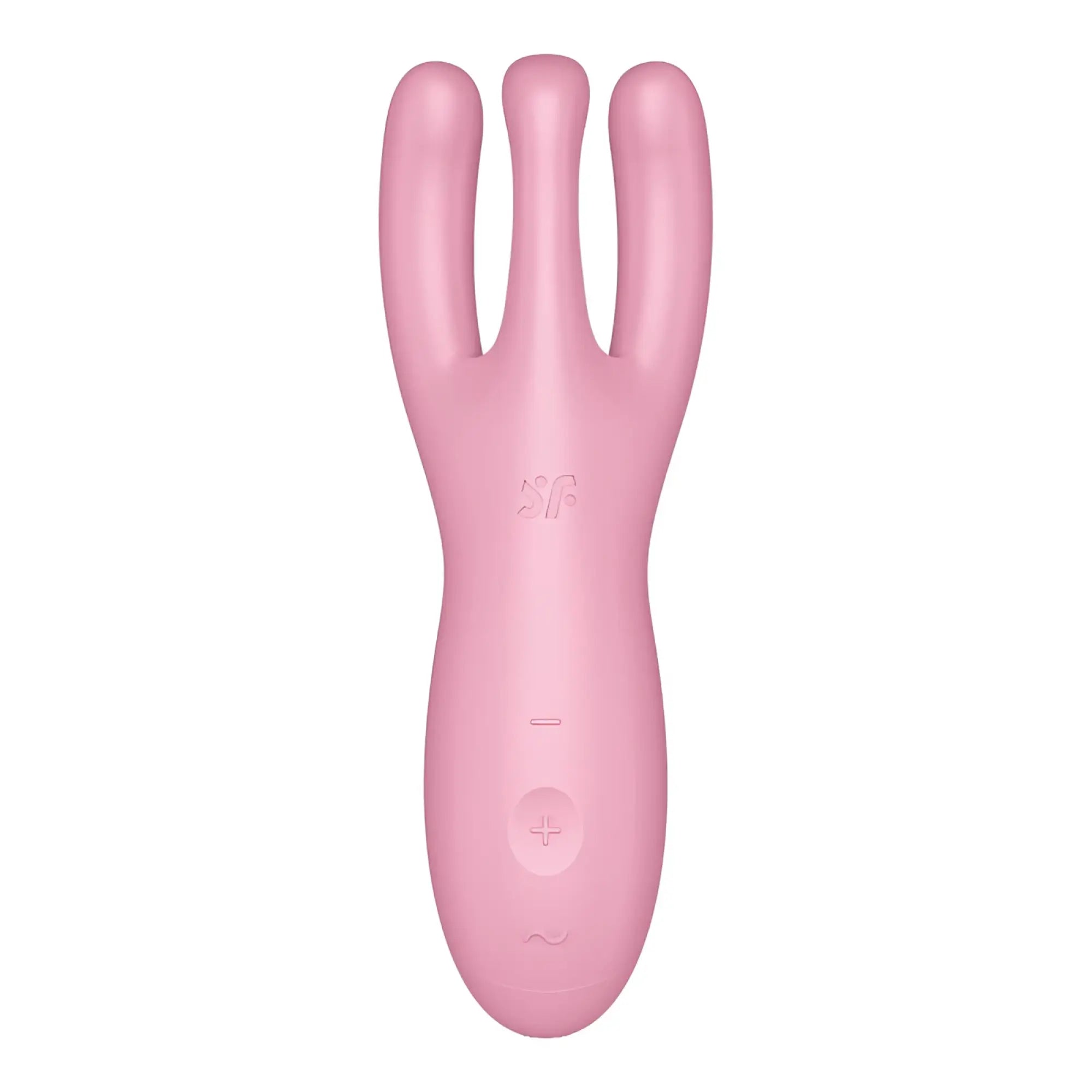 Pink silicone Satisfyer Threesome 4 Connect app vibrator with three curved prongs and control buttons