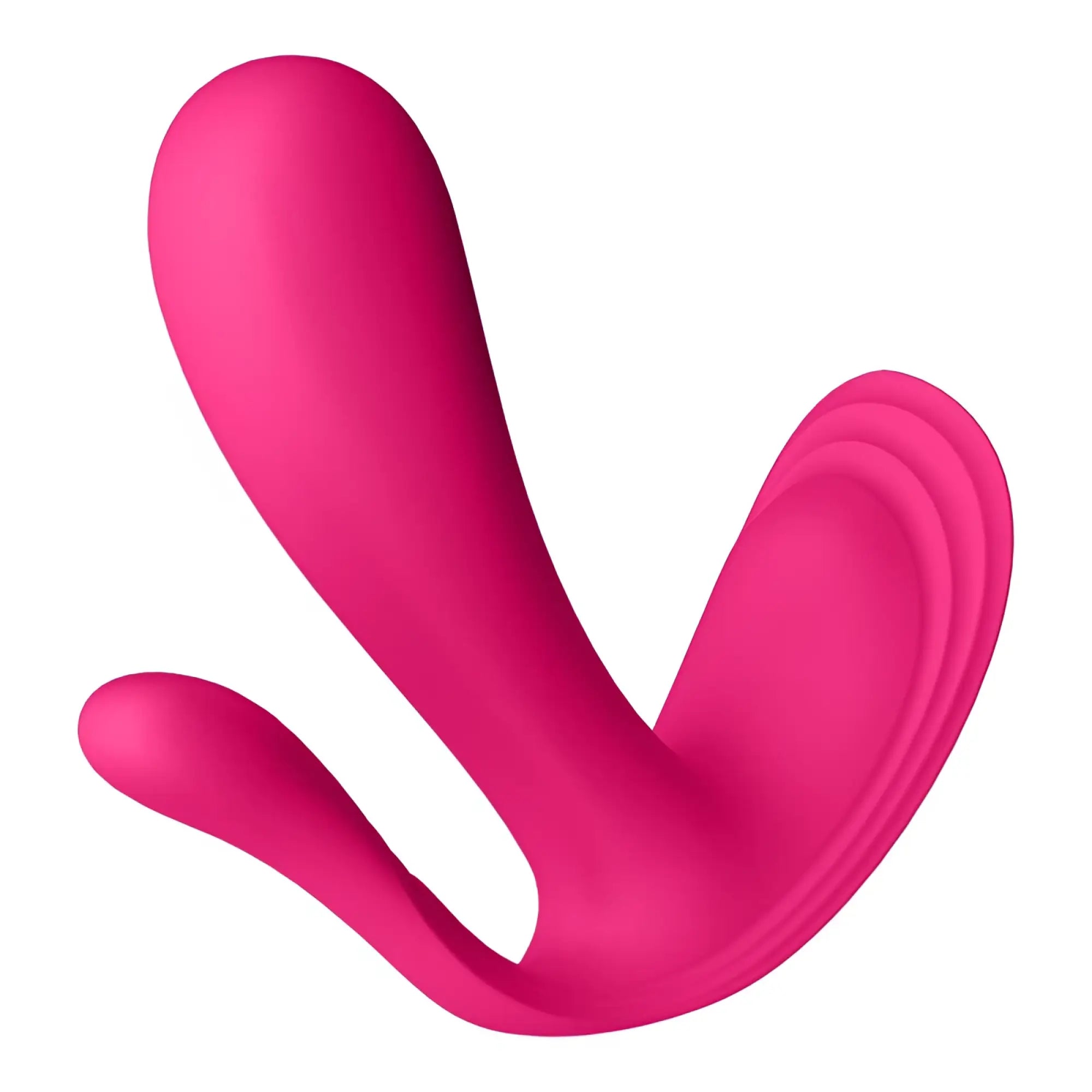 Vibrant pink silicone satisfyer top secret wearable vibrator with three curved prongs and ergonomic design