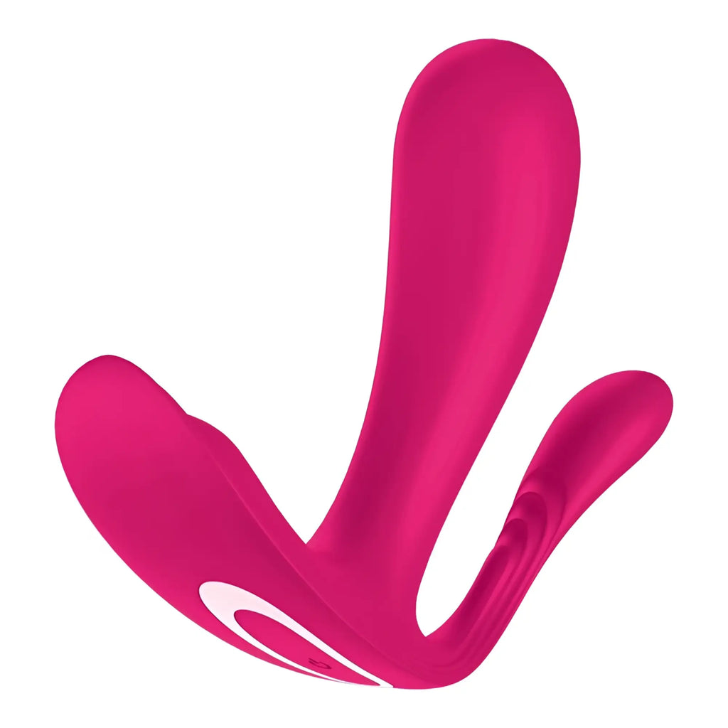 Vibrant pink silicone satisfyer top secret wearable vibrator with three curved arms and ergonomic design connected to app