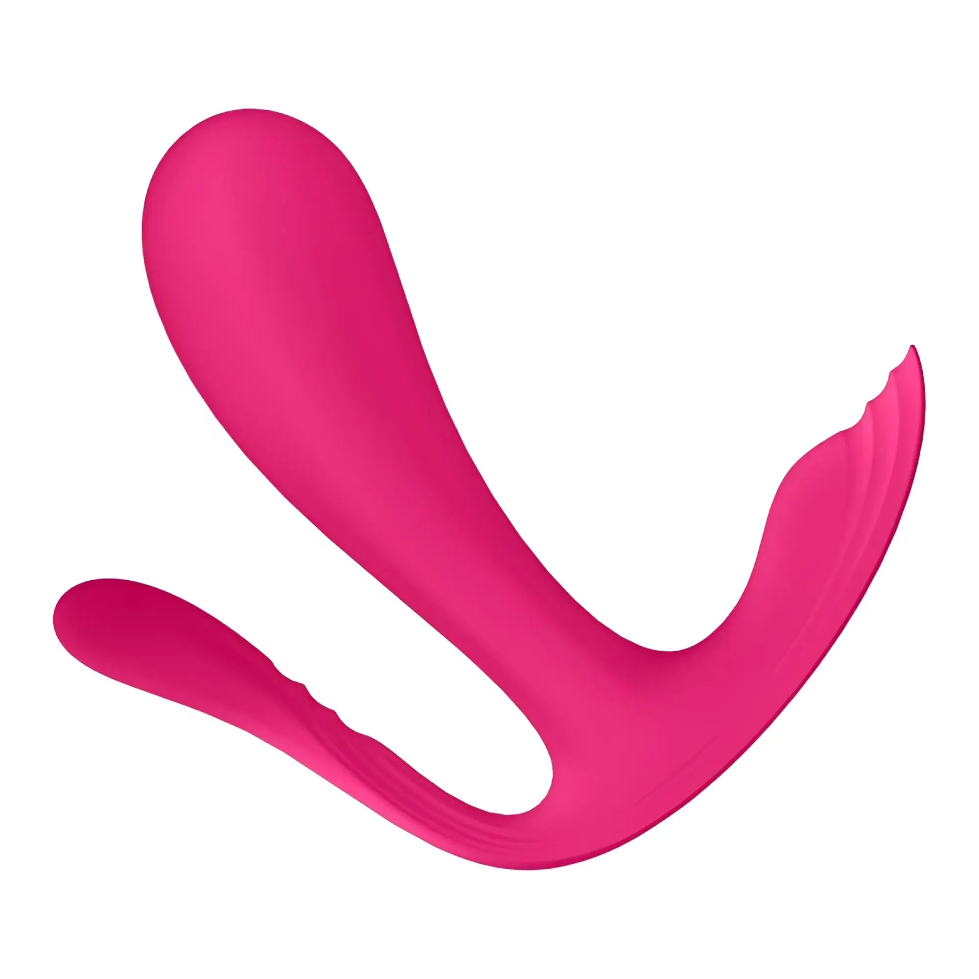 Vibrant pink silicon dual-ended wearable vibrator with smooth curved design and textured grip from Satisfyer Top Secret Plus