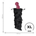 A sleek matte pink adult toy with rounded head and metallic silver base inside satisfyer treasure bag black pouch