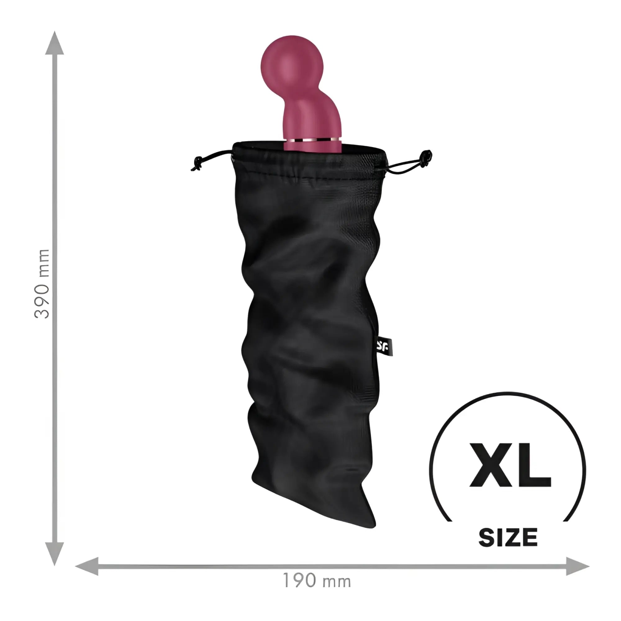 A sleek matte pink adult toy with rounded head and metallic silver base inside satisfyer treasure bag black pouch