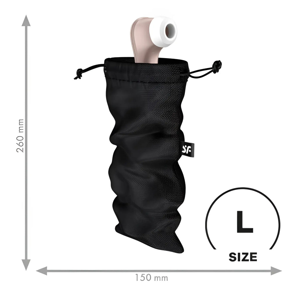 A sleek matte rose gold and white adult toy with rounded head inside a black mesh drawstring pouch satisfyer treasure bag black large
