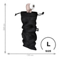 A sleek matte rose gold and white adult toy with rounded head inside a black mesh drawstring pouch satisfyer treasure bag black large