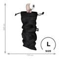 A sleek matte rose gold and white adult toy with rounded head inside a black mesh drawstring pouch.