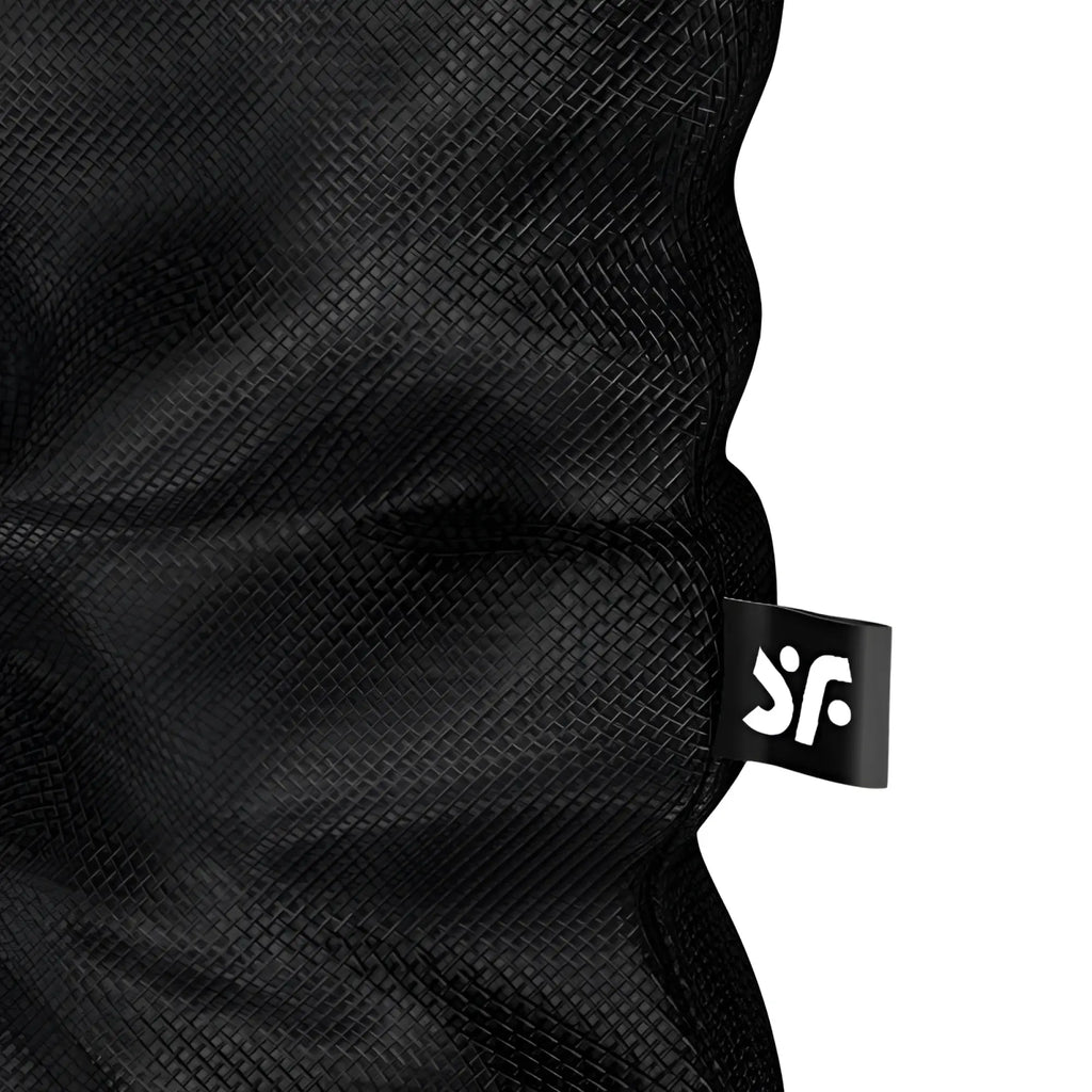 Black woven fabric headband with small black tag and white sf logo for satisfyer treasure bag black large
