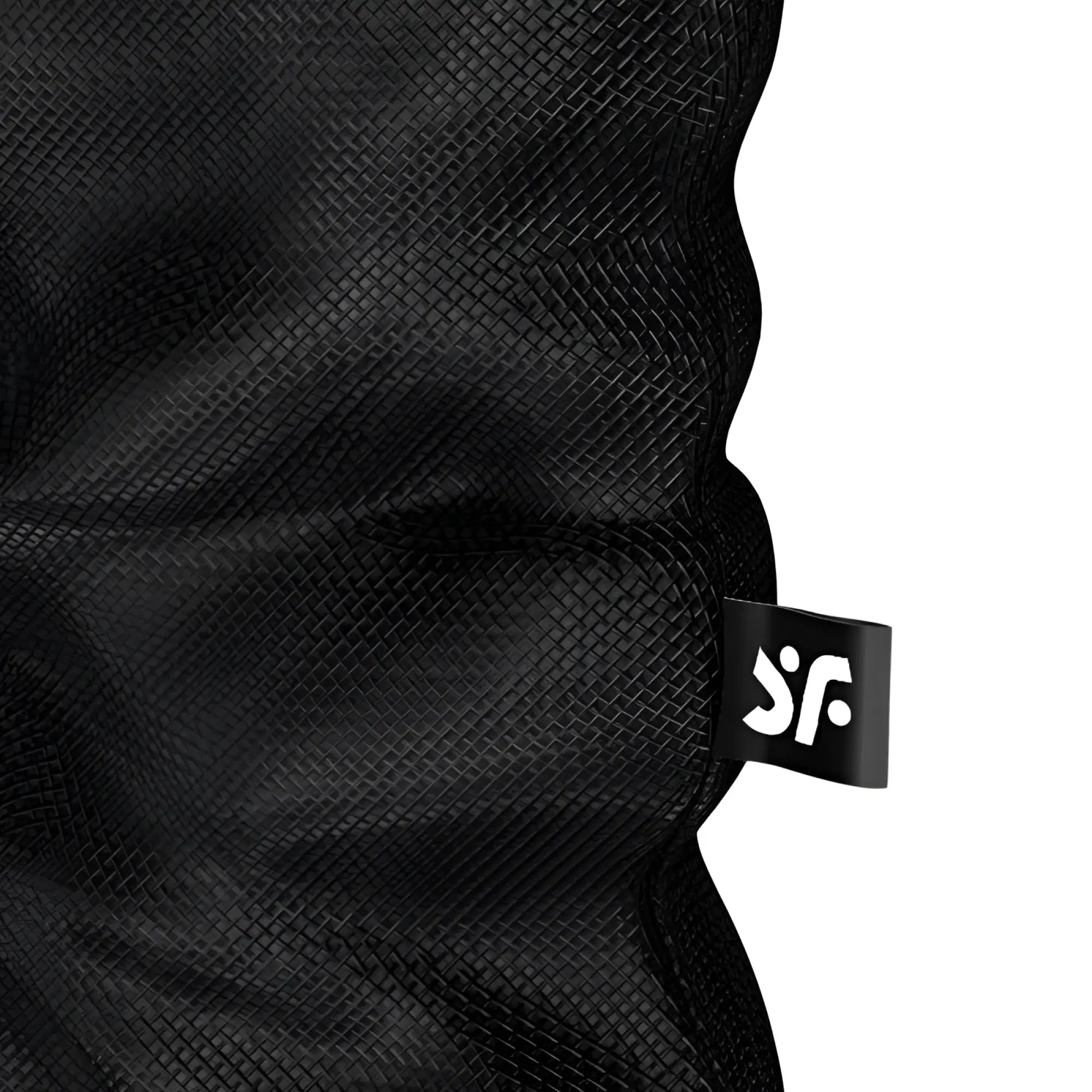 Black woven fabric headband with small black tag and white sf logo for satisfyer treasure bag black large