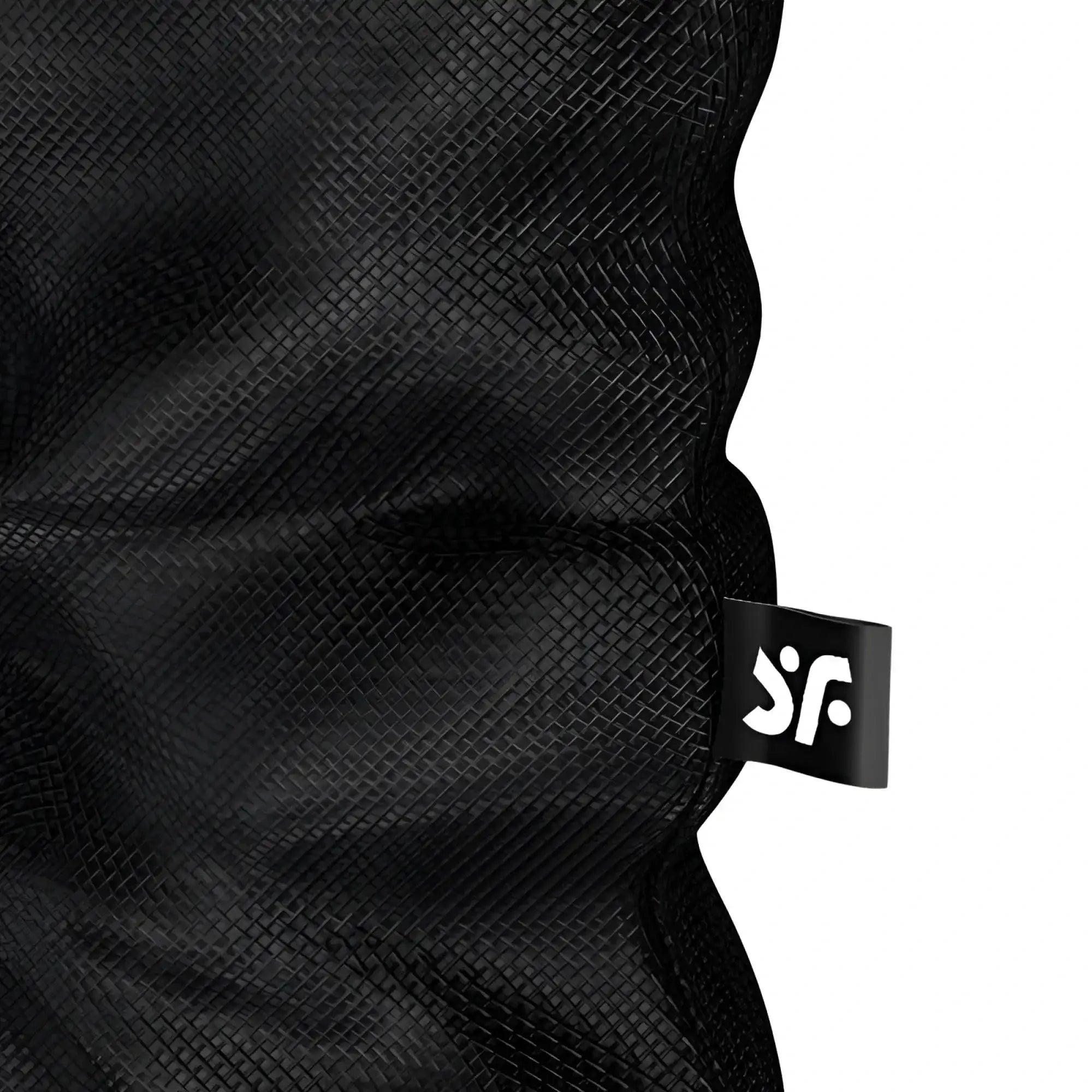 Black woven fabric headband with small black tag and white sf logo for satisfyer treasure bag black large
