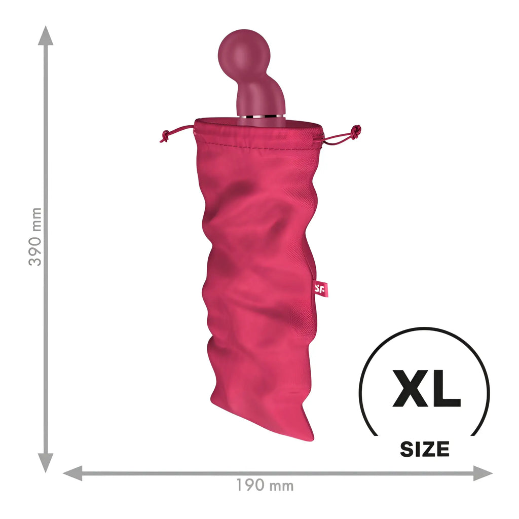 A sleek matte magenta adult toy with rounded head and metallic band inside a pink drawstring pouch satisfyer treasure bag pink extra large