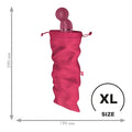 A sleek matte magenta adult toy with rounded head and metallic band inside a pink drawstring pouch satisfyer treasure bag pink extra large