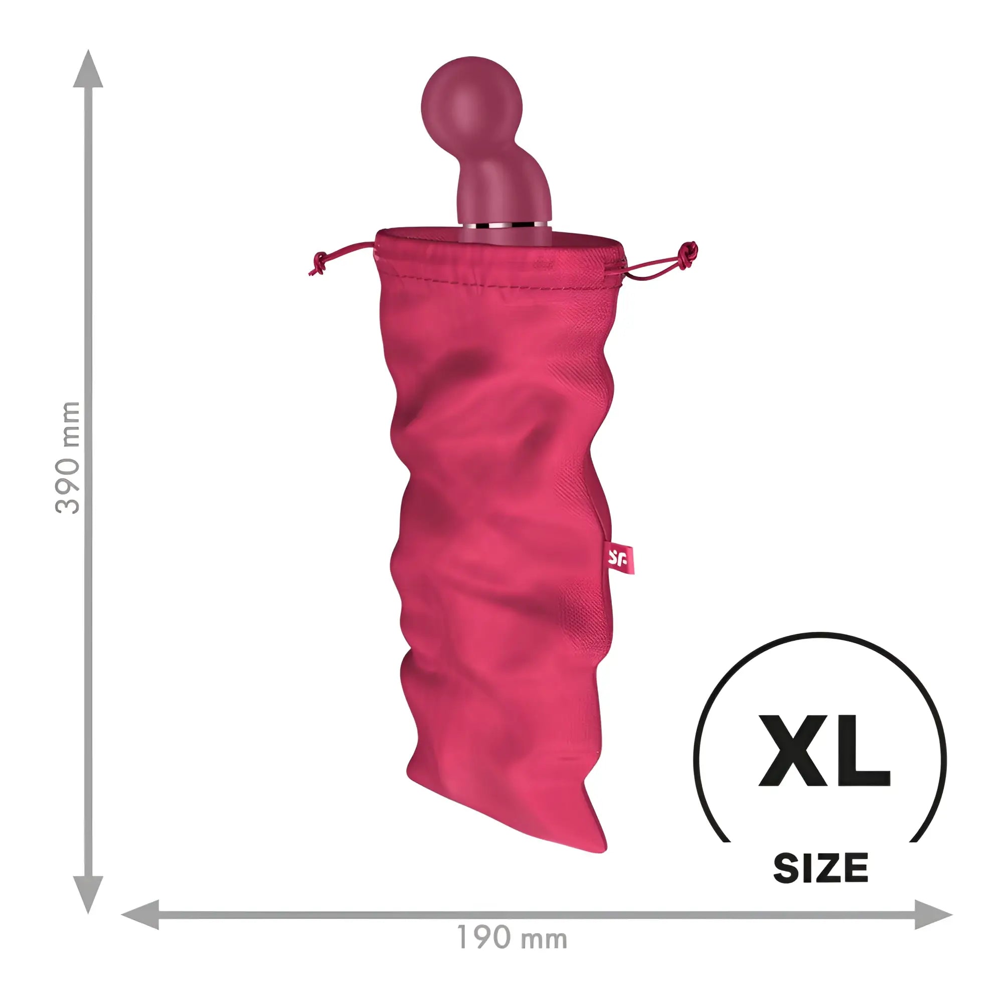 A sleek matte magenta adult toy with rounded head and metallic band inside a pink drawstring pouch satisfyer treasure bag pink extra large