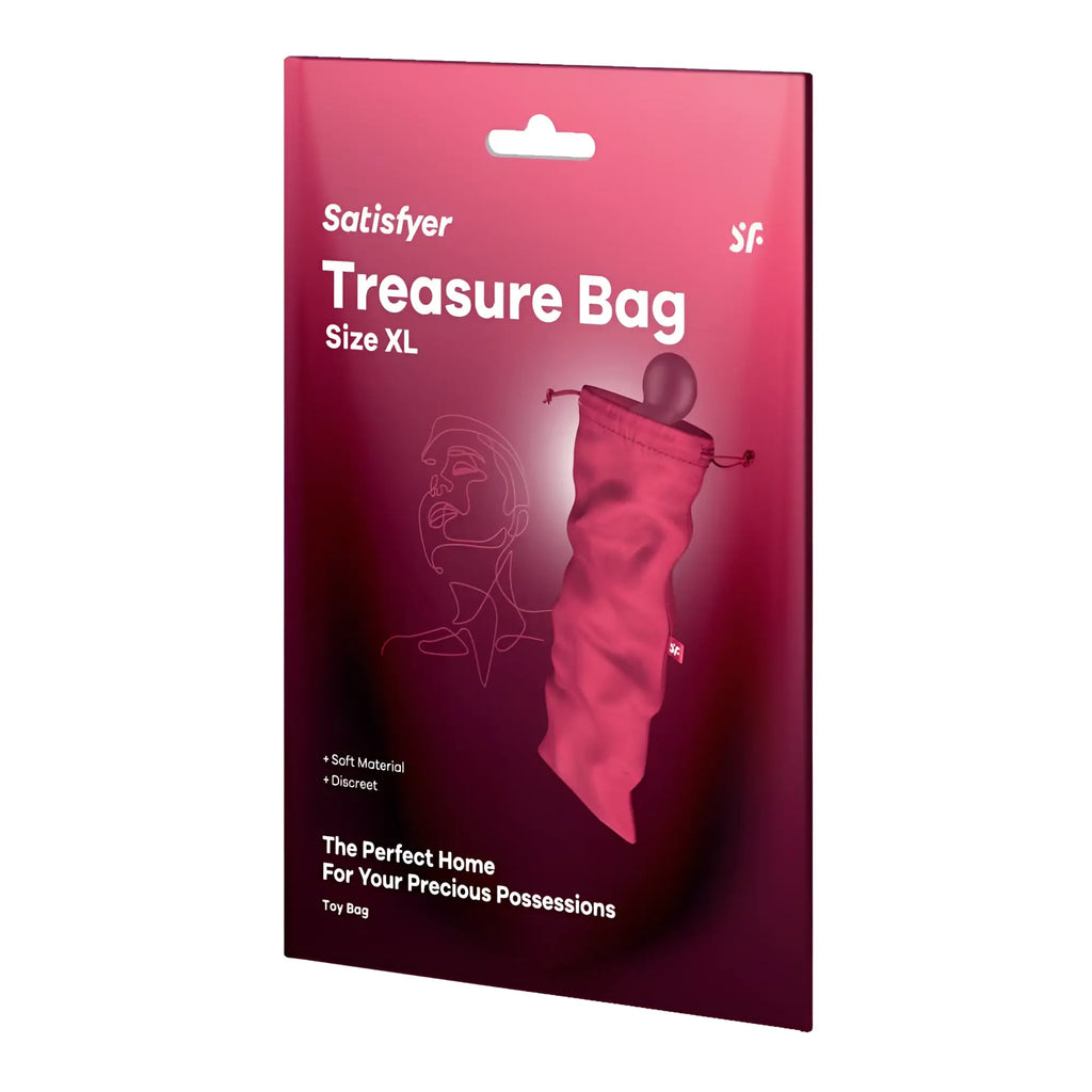 The satisfyer treasure bag pink extra large is a vibrant pink soft drawstring pouch for discreet storage
