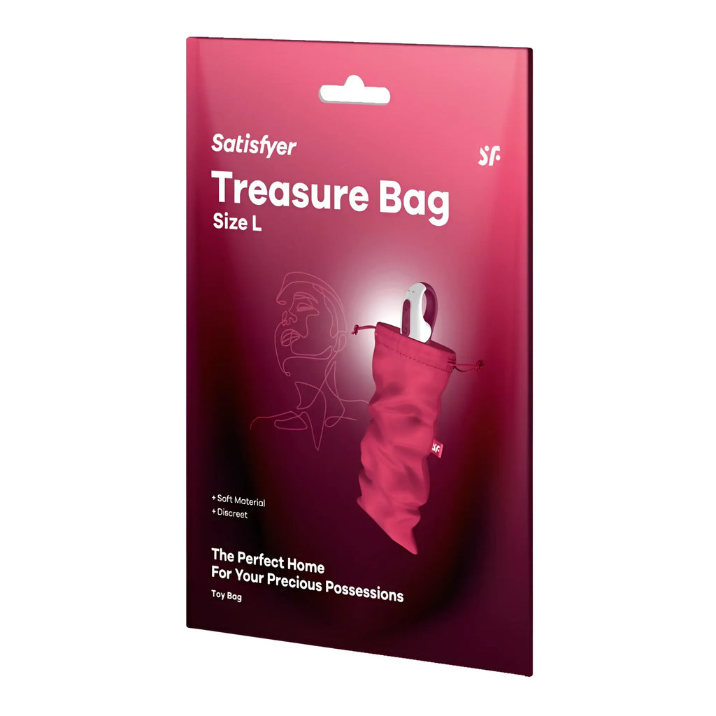 Satisfyer treasure bag large in vibrant pink fabric with drawstring closure and metallic silver handle