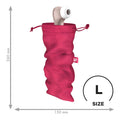 A vibrant pink large satisfyer treasure bag drawstring pouch holding a white and beige device for storage