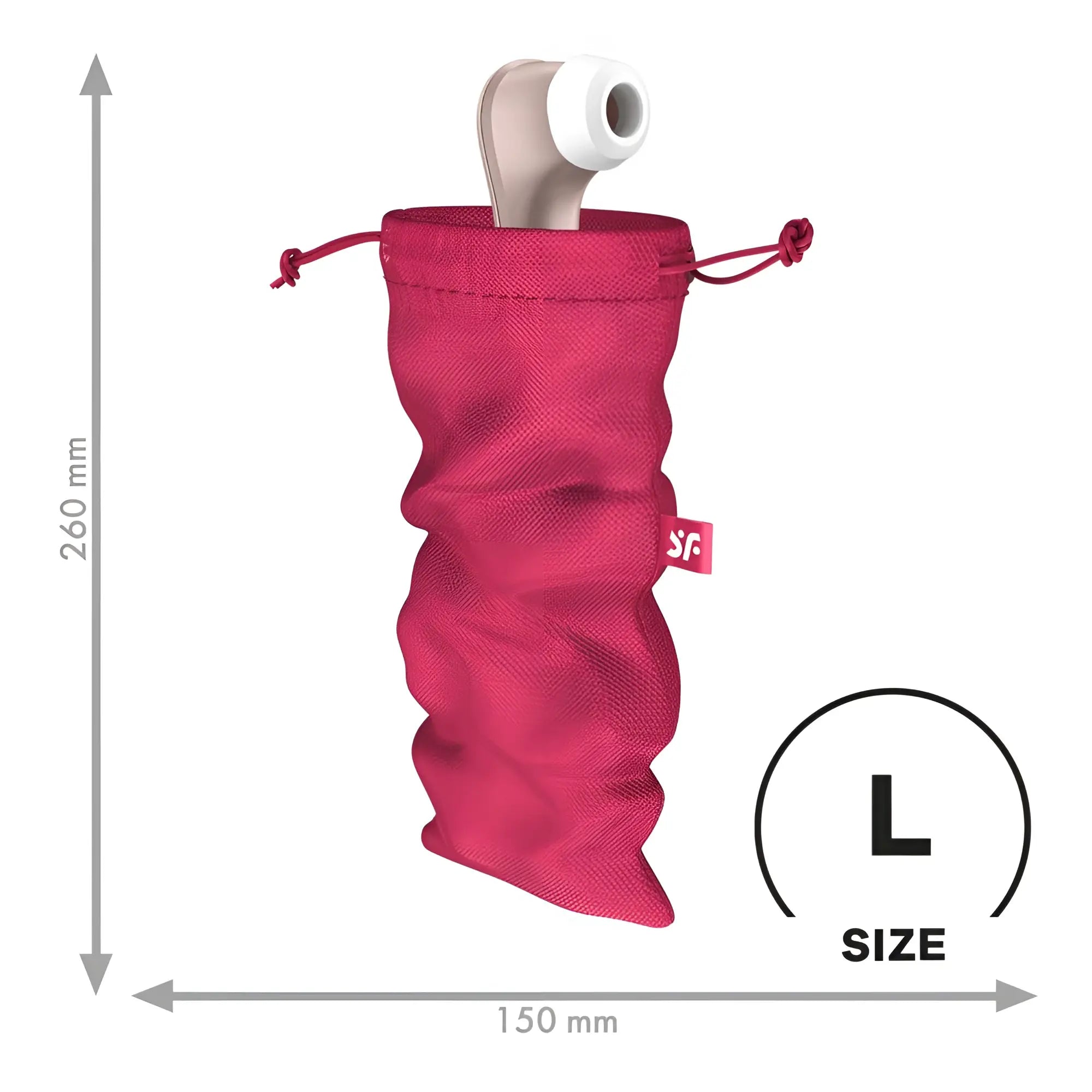 A vibrant pink large satisfyer treasure bag drawstring pouch holding a white and beige device for storage