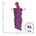 A sleek matte rose gold adult toy with smooth curves inside a plush purple drawstring bag satisyer treasure bag violet extra large