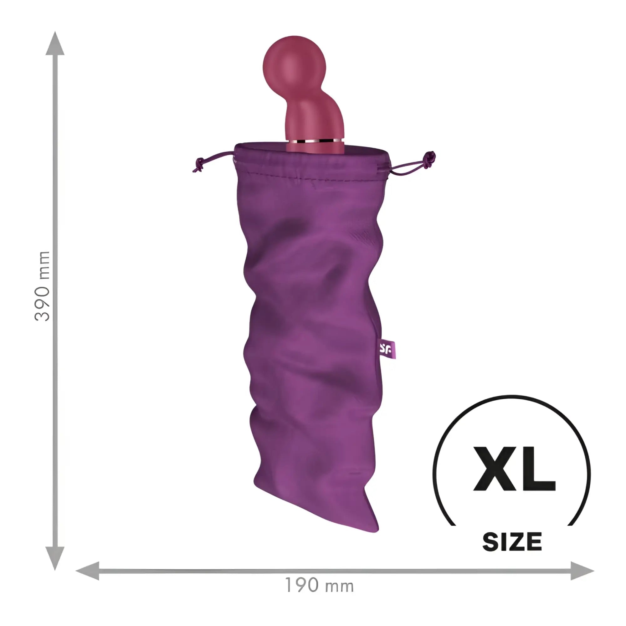 A sleek matte rose gold adult toy with smooth curves inside a plush purple drawstring bag satisyer treasure bag violet extra large