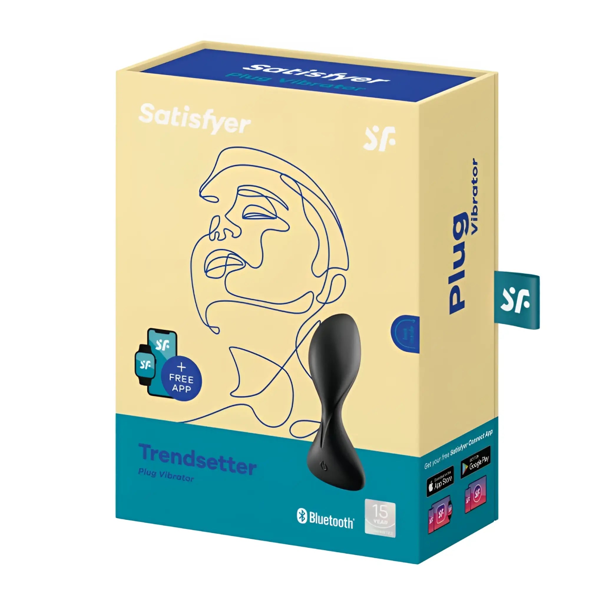 Black satisfyer trendsetter connect app vibrating anal plug with bluetooth in beige and teal box with face line art
