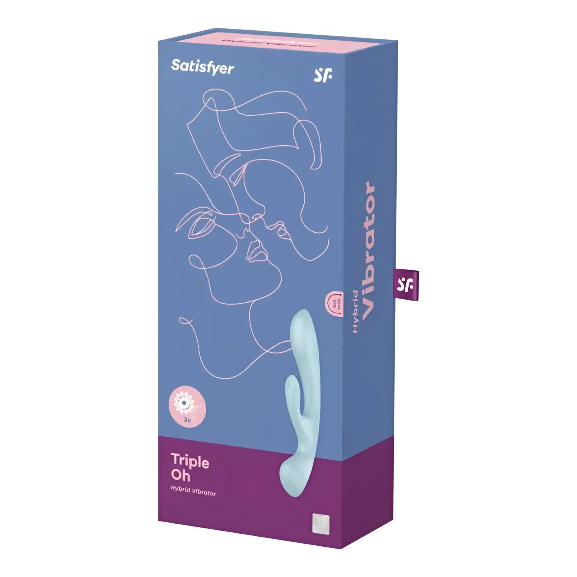 Satisfyer triple oh hybrid vibrator in sleek translucent light blue silicone designed for versatile pleasure use