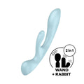 Light blue silicone wand toy with rabbit design from satisfyer satisfyer triple oh light blue product line