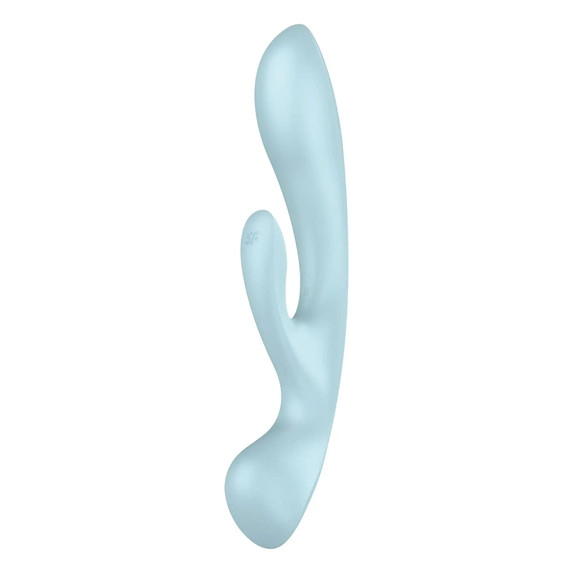Satisfyer triple oh light blue sleek matte silicone toy with smooth curved design and ergonomic handle