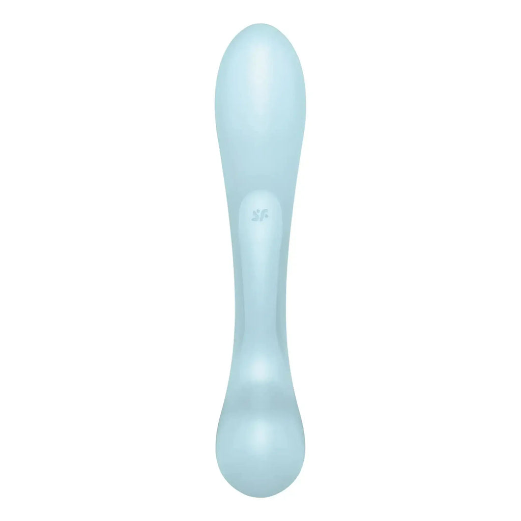 A sleek light blue silicone Satisfyer Triple Oh with a smooth ergonomic design and embossed sf logo near center