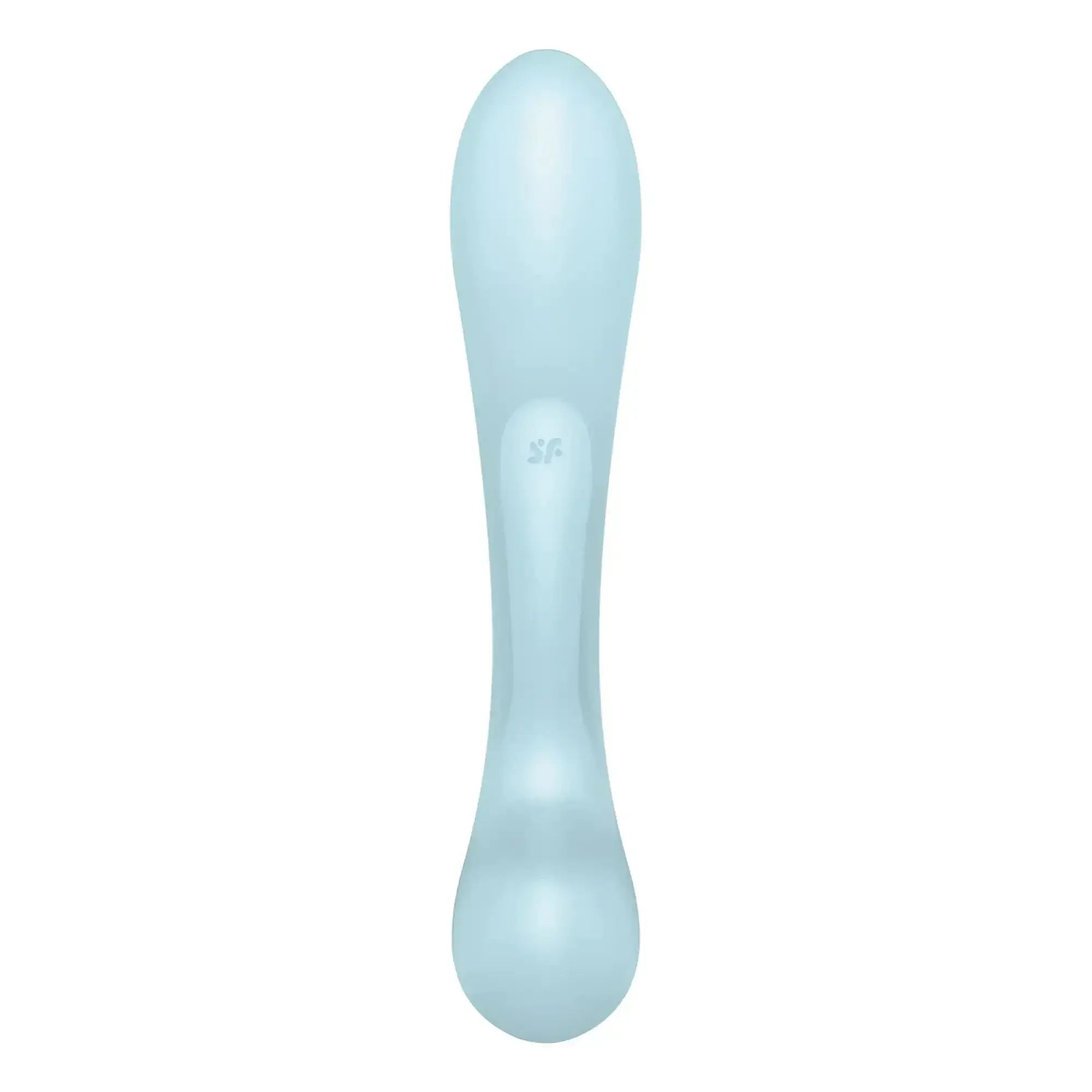 A sleek light blue silicone Satisfyer Triple Oh with a smooth ergonomic design and embossed sf logo near center