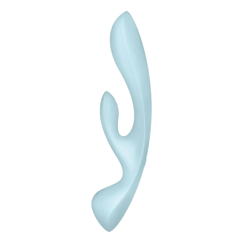Satisfyer triple oh light blue sleek silicone toy with smooth ergonomic design and two curved protrusions