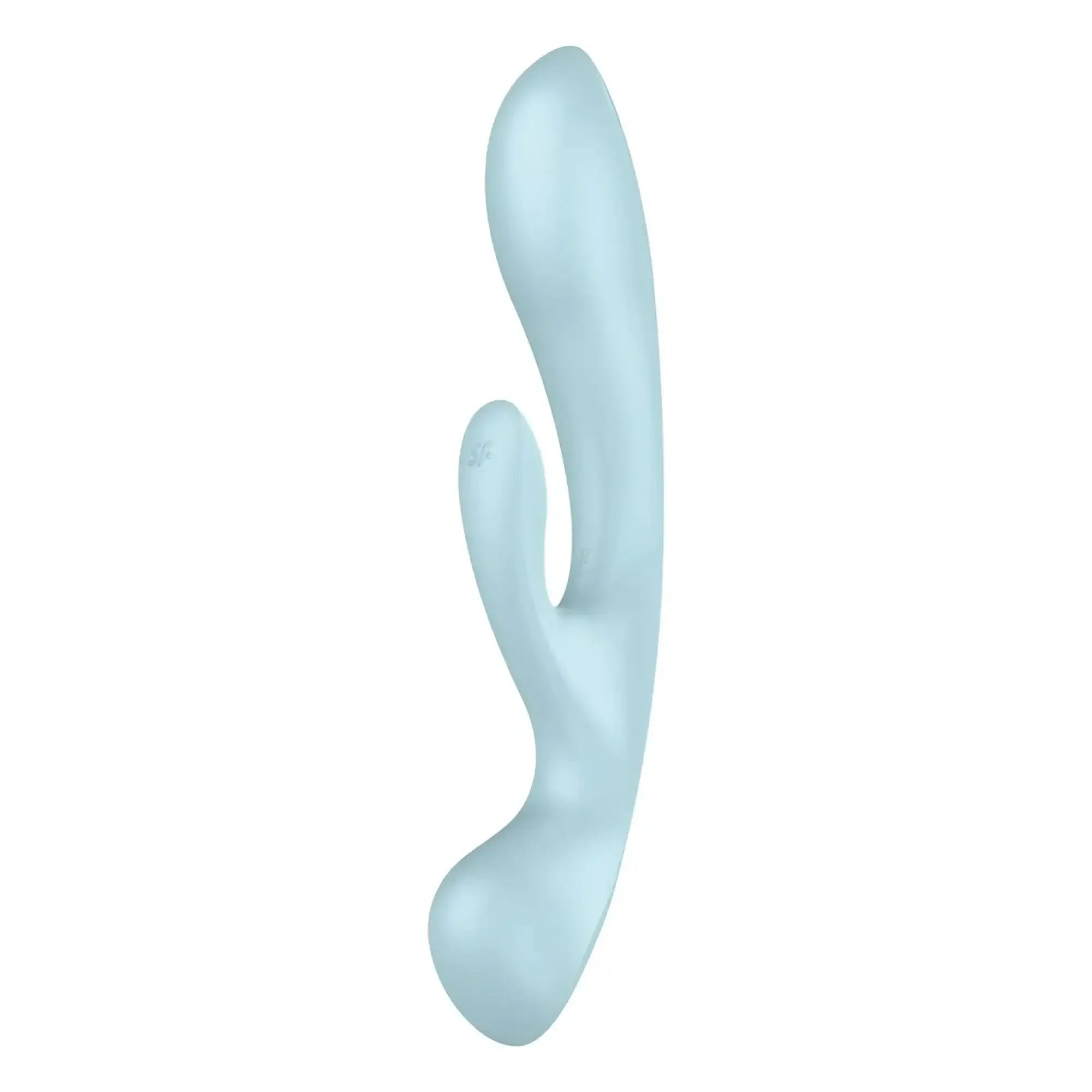 Satisfyer triple oh light blue sleek matte silicone toy with smooth curved design and ergonomic handle