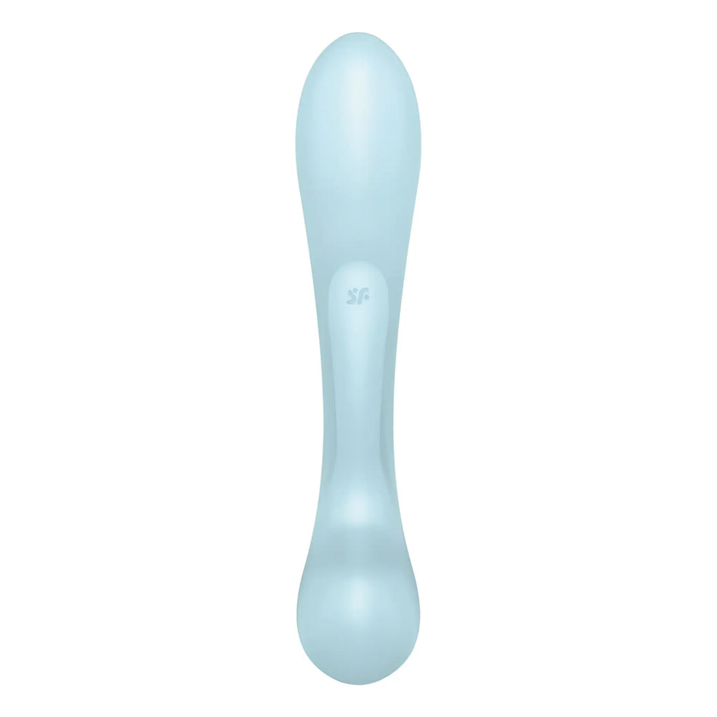 A sleek light blue silicone Satisfyer Triple Oh with a smooth ergonomic design and embossed sf logo near center