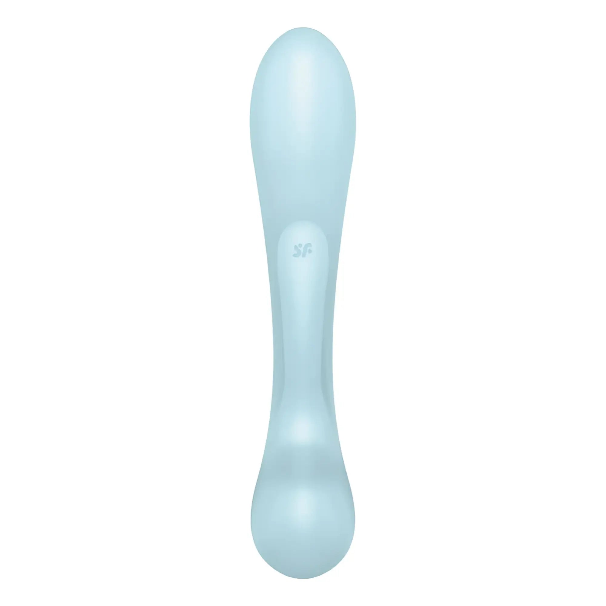 A sleek light blue silicone Satisfyer Triple Oh with a smooth ergonomic design and embossed sf logo near center
