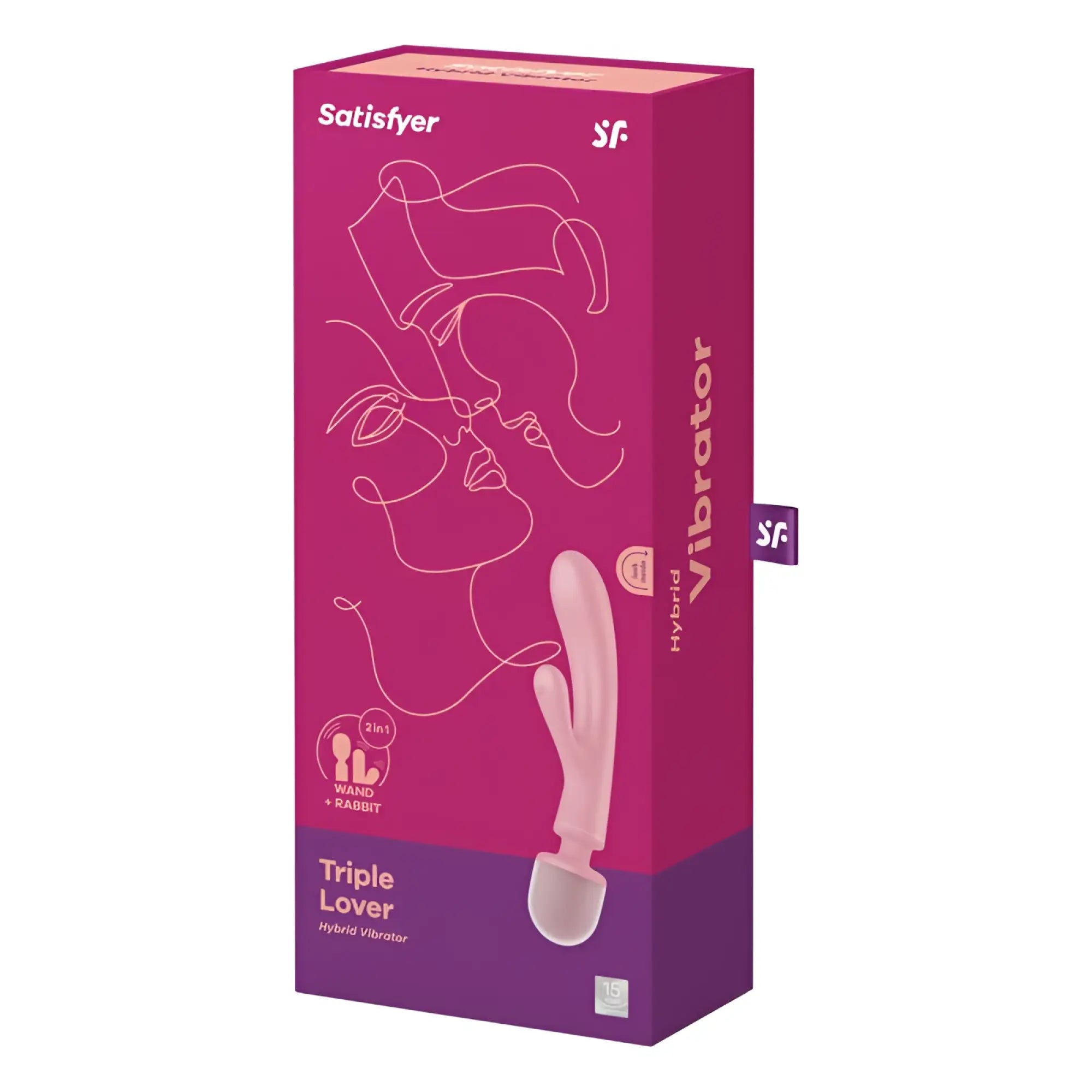 Pink Satisfyer triple lover hybrid vibrator in branded packaging designed for dual stimulation and versatile use