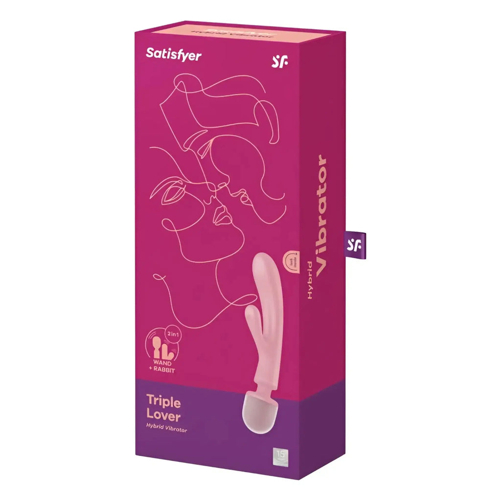 Pink Satisfyer triple lover hybrid vibrator in branded packaging designed for dual stimulation and versatile use