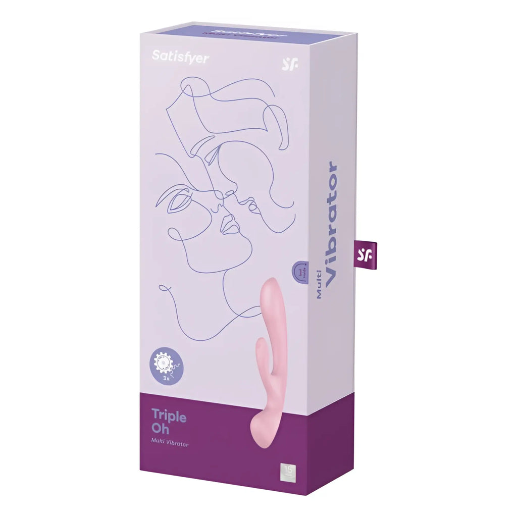 Pink satisfyer triple oh multi vibrator in branded packaging designed for versatile personal pleasure use