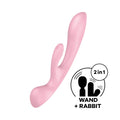Pink silicone 2-in-1 wand and rabbit toy with smooth curved design from satisfyer triple oh pink collection