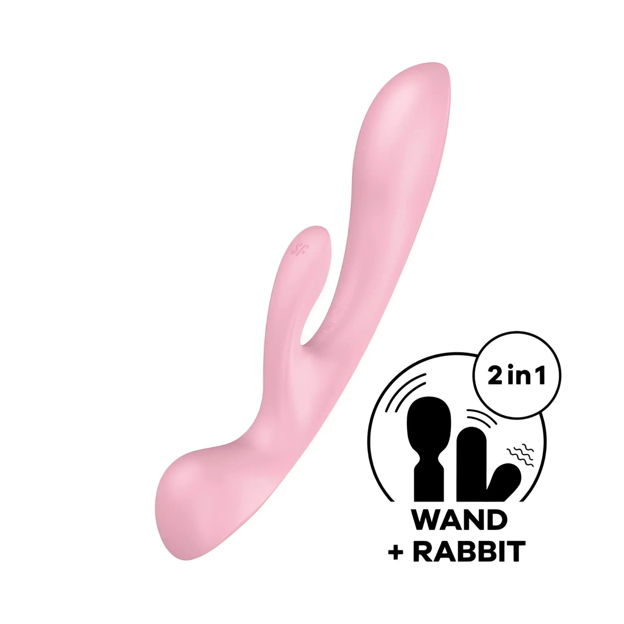 Pink silicone 2-in-1 wand and rabbit toy with smooth curved design from satisfyer triple oh pink collection