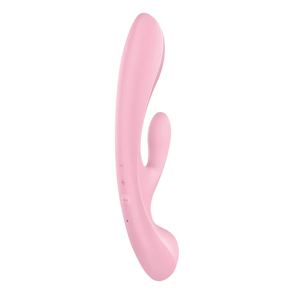 Pink silicone rabbit-shaped vibrator with smooth rounded contours and side control buttons by Satisfyer Triple Oh Pink