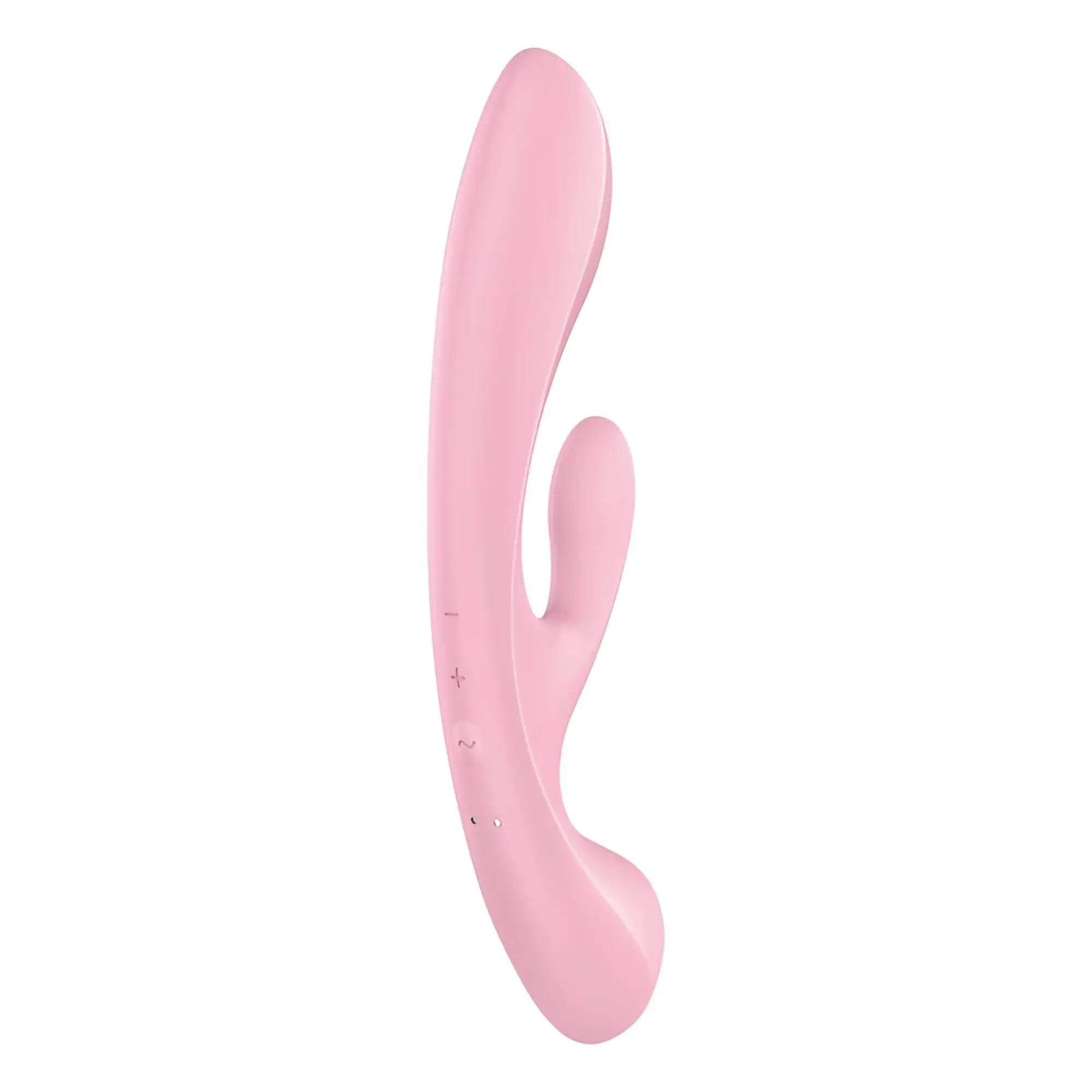Pink silicone rabbit-shaped vibrator with smooth rounded contours and side control buttons by Satisfyer Triple Oh Pink