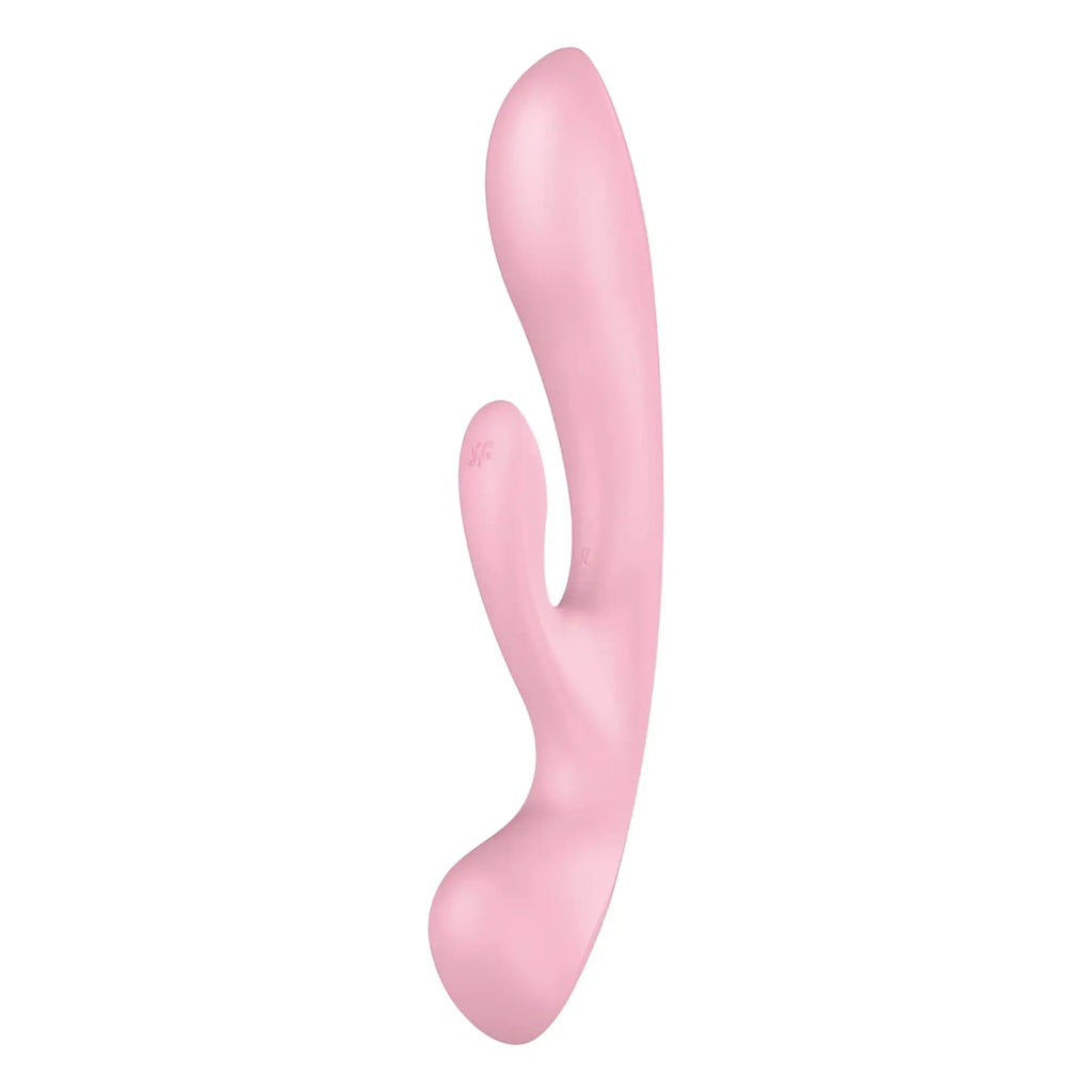 Pink silicone rabbit-shaped vibrator with smooth curved design and rounded ends from satisfyer triple oh pink