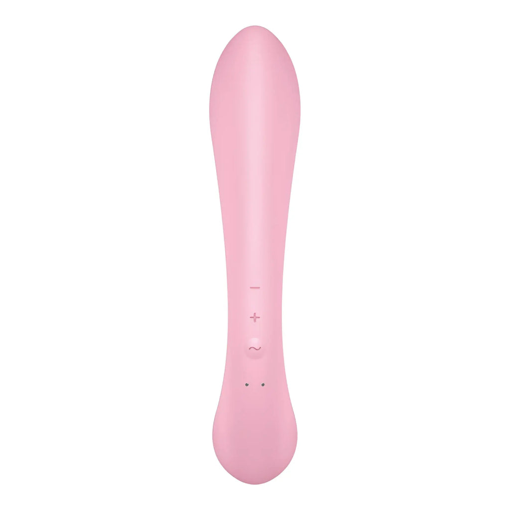 Pink silicone vibratory toy satisfyer triple oh pink with smooth rounded contours and subtle control buttons