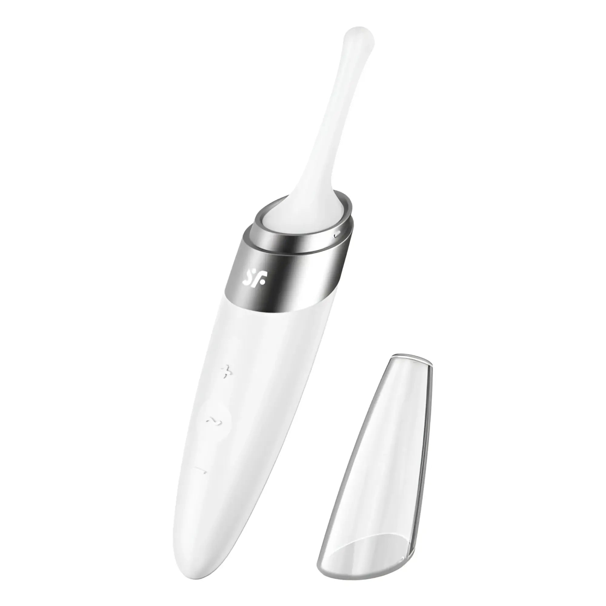White silicone and metallic finish satisfyer twirling delight tip stimulator with curved tapered design