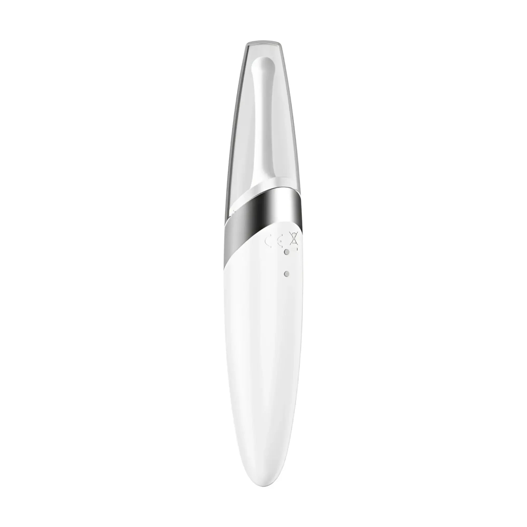 White and silver handheld facial device with sleek ergonomic design called satisfyer twirling delight tip stimulator white