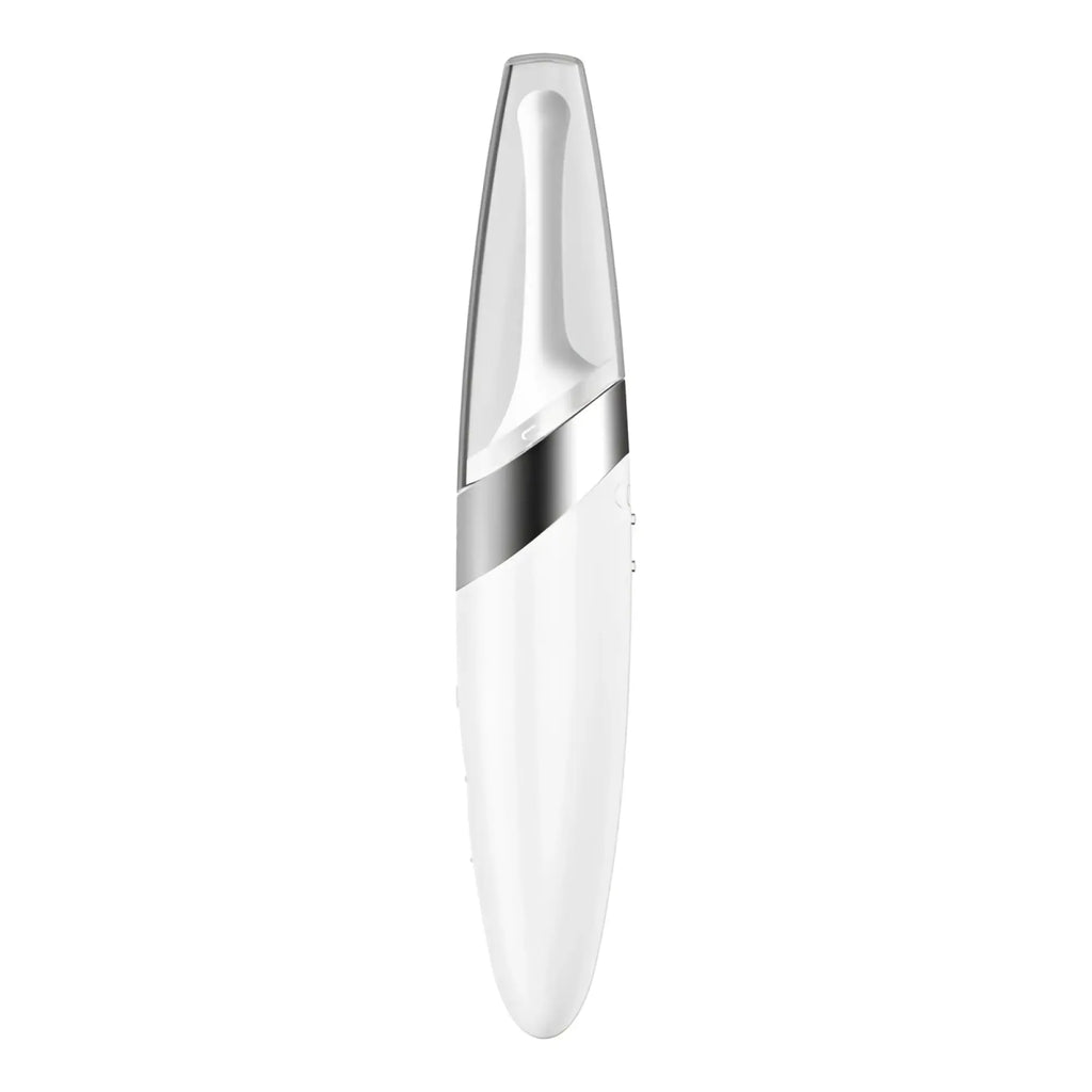 White and silver handheld facial device with sleek ergonomic design for precise stimulation by satisfyer twirling delight tip stimulator